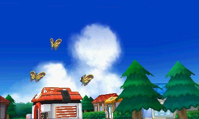 Beautifly heads over a town